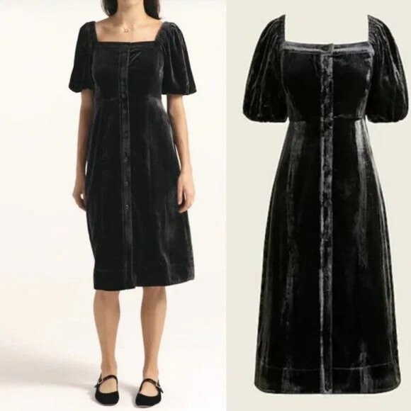 J Crew Black Puff Sleeve Velvet Button Front Dress Square Neck - Picture 1 of 12